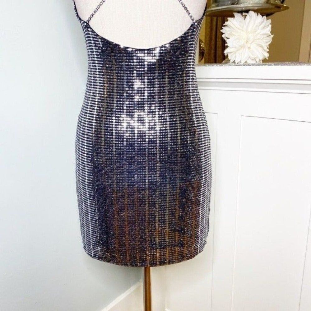 Silver Metallic Sequin Strappy Mini Dress Medium - Picture 9 of 12